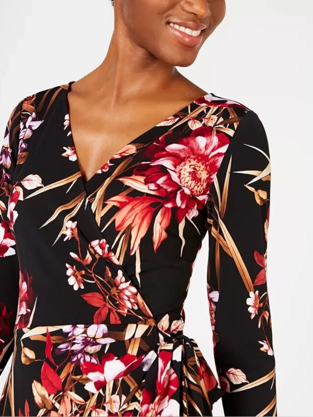 🩷 Connected Apparel Floral Black and Red Maxi Wrap Dress Stretchy Elegant
